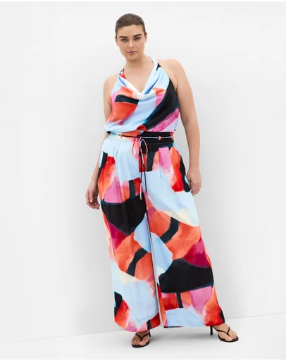 City Chic - Plus size Shania Aspect Print Wide Leg Pant - sky blue