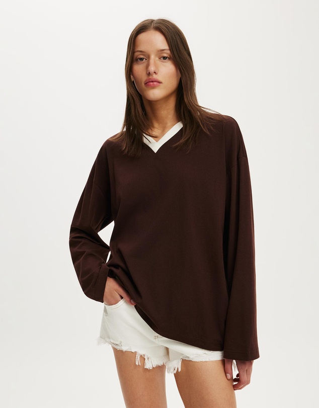 Cotton On - Boxy V Neck Long Sleeve Top