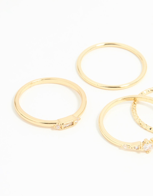 Lovisa - Gold Plated Cubic Zirconia & Plain Rings 5-Pack