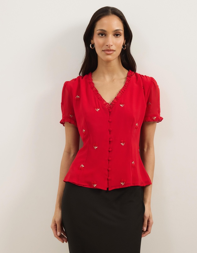 Atmos&Here - Cherry V-Neck Ruffle Blouse