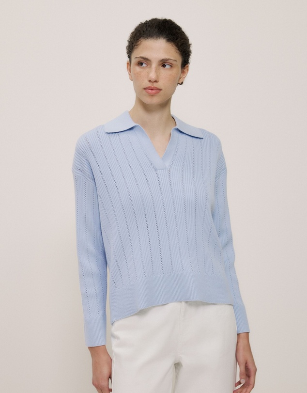 Trenery - Cotton Cashmere Fine Cable Polo in Blue Marble