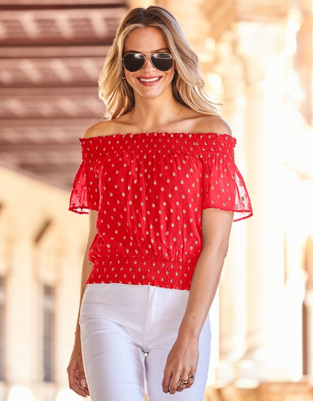 Sosandar - Lurex Spot Bardot Top