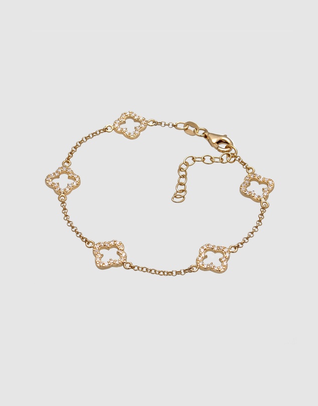 Elli Jewelry - Bracelet Clover Leaf with White Zirconia 925 Sterling Silver Gold-plated