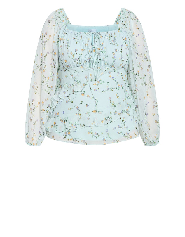 City Chic - Plus size Ruffle Ditsy Print Top - cool mint