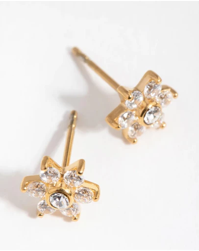 Lovisa - 24 Carat Gold Plated Surgical Steel Cubic Zirconia Flower Stud Earrings