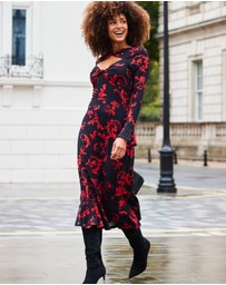 Sosandar - Baroque Print Keyhole Detail Ruched Front Midi Jersey Dress