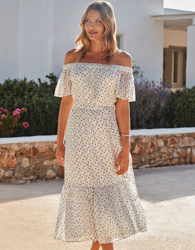 Sosandar - Spot Print Bardot Tiered Maxi Dress