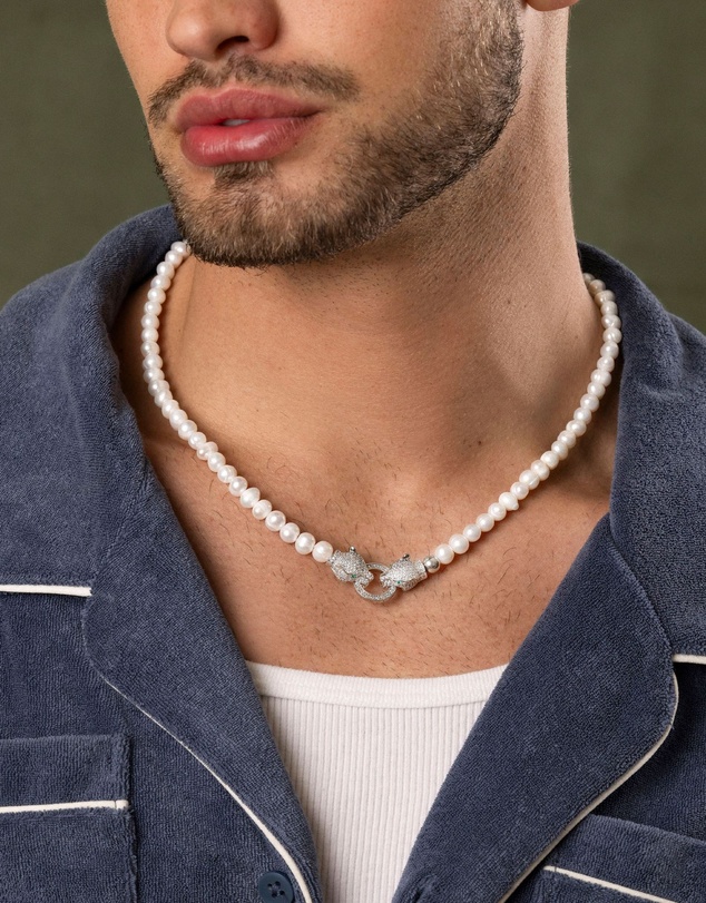 Nialaya Jewellery - Pearl Choker with Double Panther Head in Silver