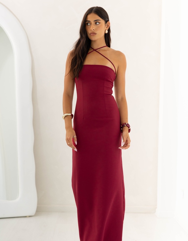 Beginning Boutique - Del Mar Burgundy Crepe Formal Maxi Dress