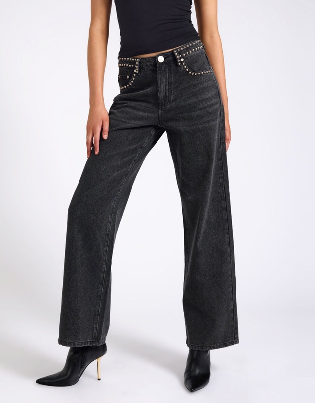 ONE TEASPOON - Jackson Mid Waist Wide Leg Studded Denim Jeans - Black