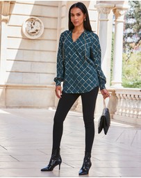 Sosandar - Check Print Chain Lace Up Blouse