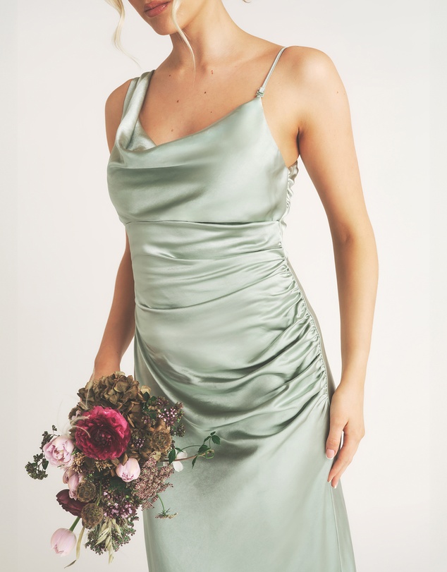 Six Stories - Cowl Front Asymmetrical Satin Bridesmaid Dress