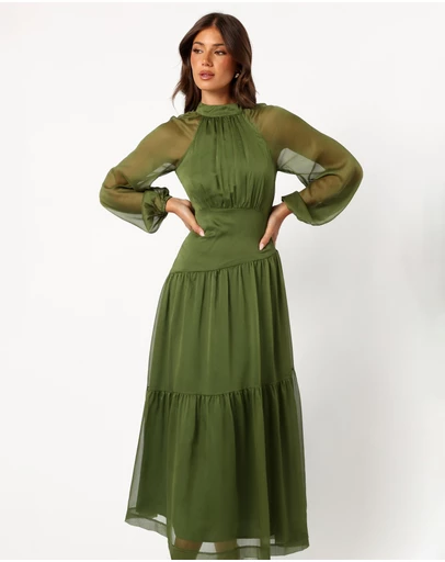 Petal & Pup - Julip Sheer Long Sleeve Maxi Dress - Olive