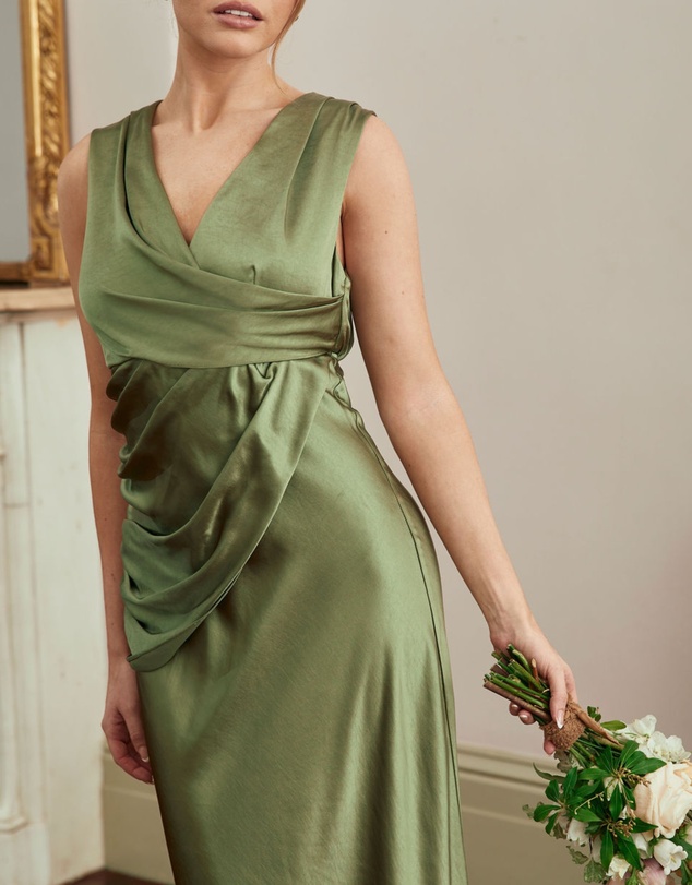 Six Stories - Plunge Drape Detail Satin Bridesmaid Dress