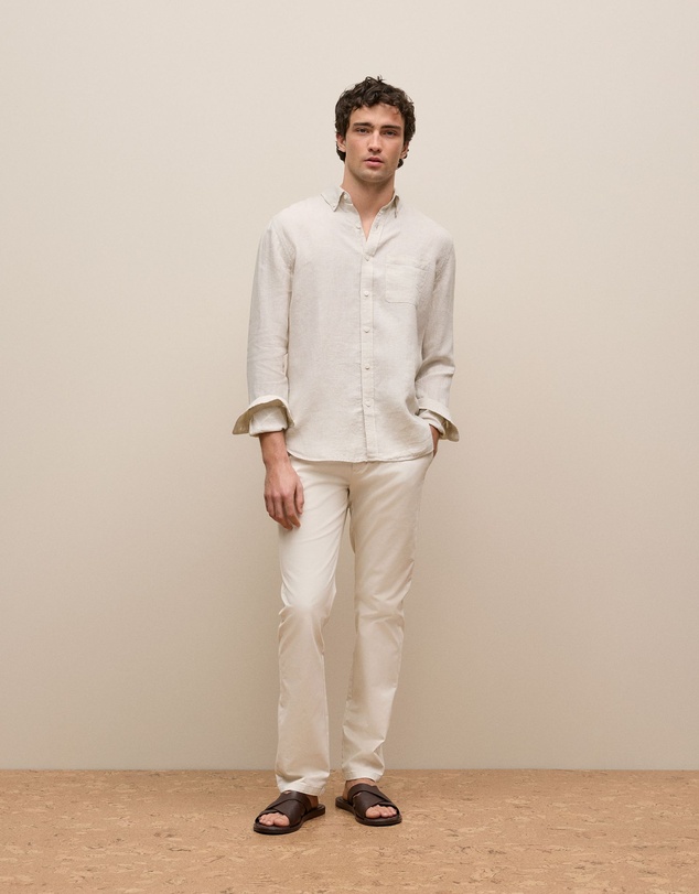 Trenery - Regular Fit Linen Micro Check Long Sleeve Shirt in Stone