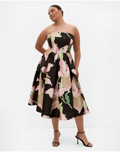 City Chic - Tiffany Bloom Lily Print Strapless Midi Dress