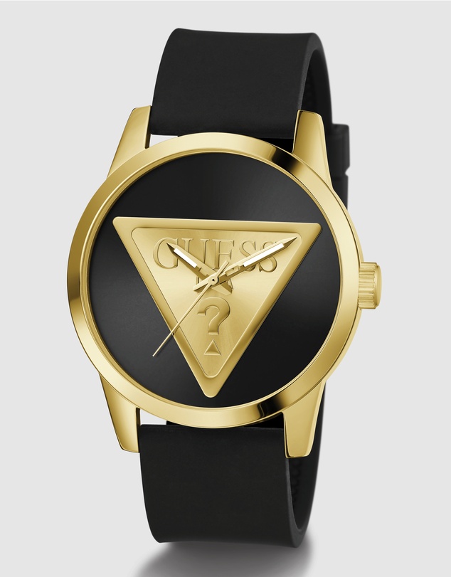 GUESS - Guess Triangle Men's 44mm Black Dial Gold-Tone Case and Black Leather Strap