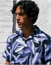 Trenery - Painted Leaf Linen Camp Shirt in Navy