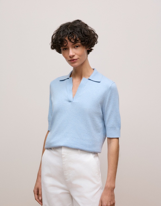 Trenery - Cotton Cashmere Half Sleeve Polo in Soft Blue