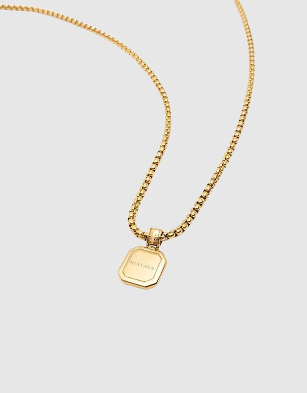 Nialaya Jewellery - Men's Gold Necklace with Square Matte Onyx Pendant