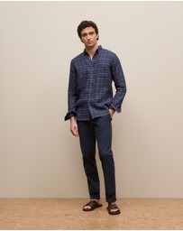 Trenery - Regular Fit Linen Fine Check Shirt in Navy
