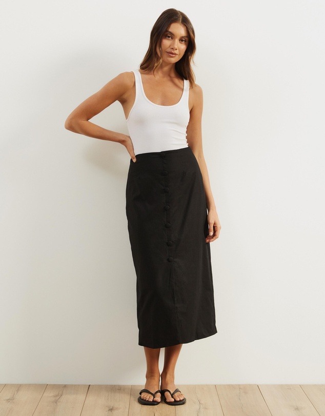Atmos&Here - Isla Linen Blend Button Up Midi Skirt