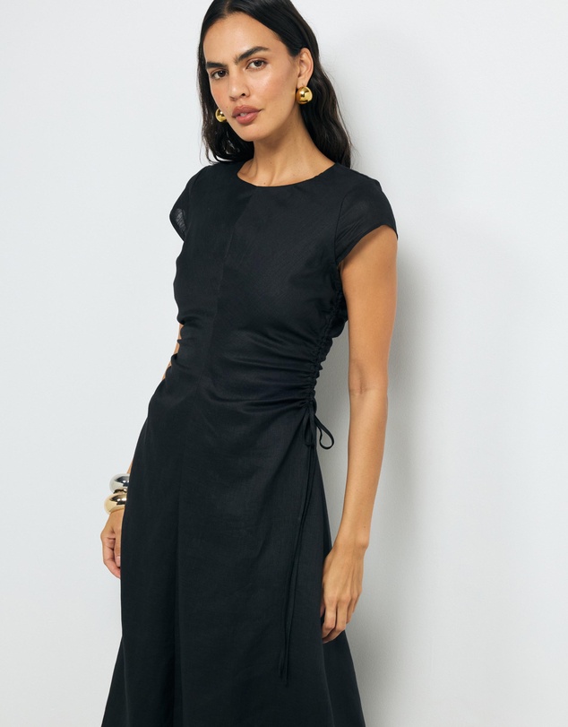 AERE - Lucia Ruched Linen Midi Dress