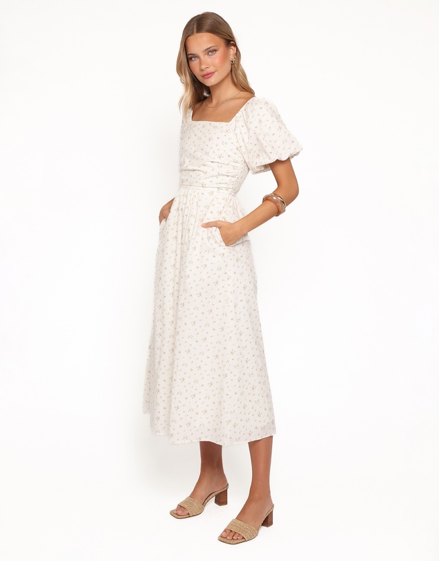 Petal & Pup - Clo Puff Sleeve Midi Dress - White Betty
