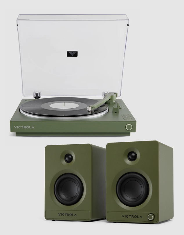Victrola - Victrola Automatic Turntable + Victrola Tempo Bookshelf Speakers Bundle - Green