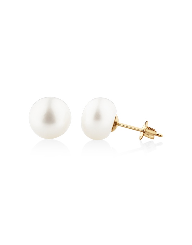 Michael Hill - Stud Earrings with 9mm Button Cultured Freshwater Pearl in 10kt Yellow Gold