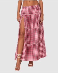 EDIKTED - Gingham Side Slit Tiered Maxi Skirt