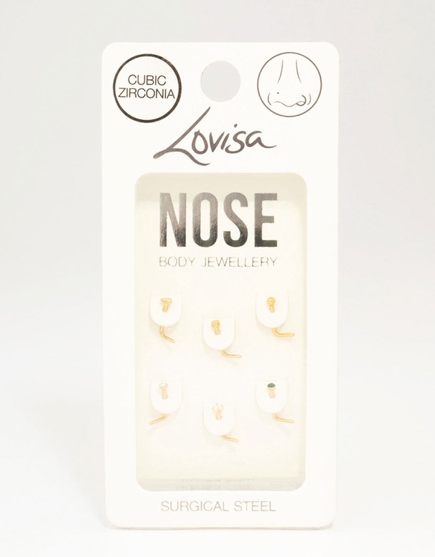 Lovisa - Gold Plated Surgical Steel Heart Diamante Nose 6-Pack