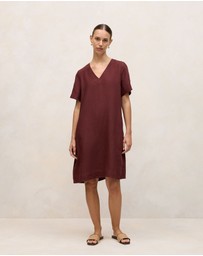 Trenery - Delave Linen V Neck Popover Shift Dress in Espresso
