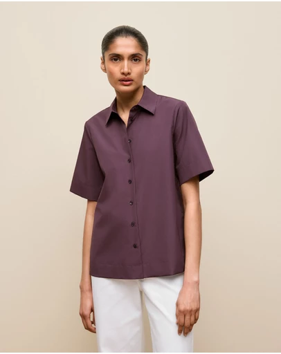 Trenery - Cotton Poplin Short Sleeve Shirt in Dark Plum