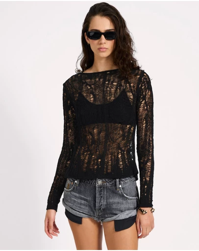 ONE TEASPOON - Cinched In Laddered Longsleeve Knit Top - Black