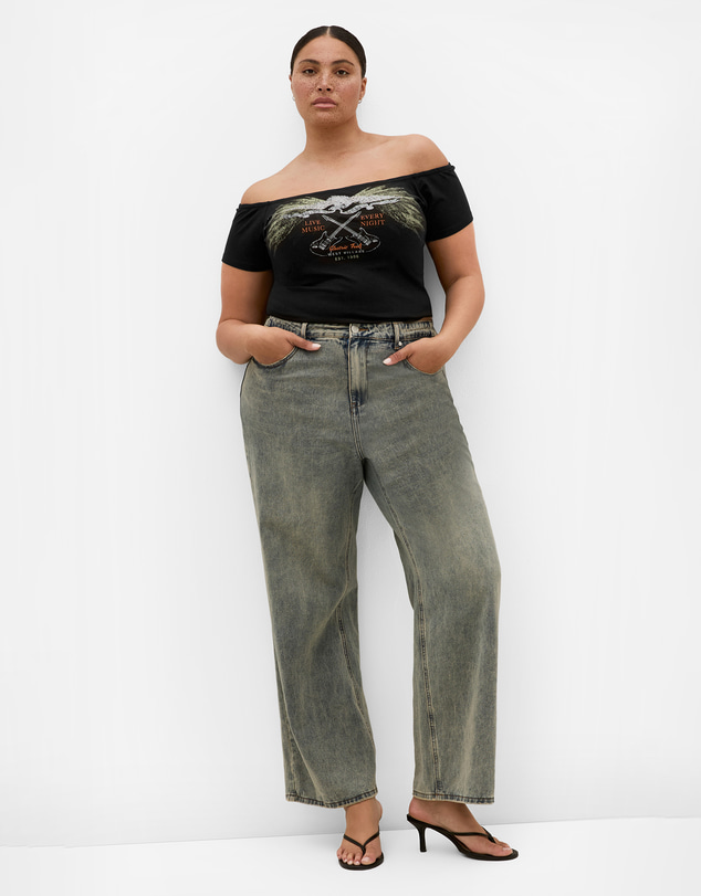 City Chic - Plus size Urban Status Off Shoulder Short Sleeve Top - black