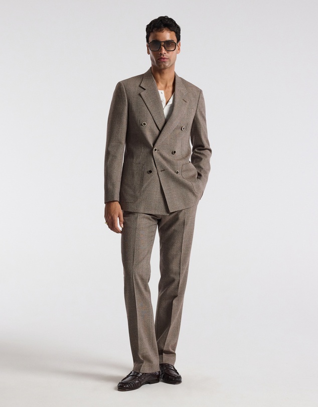 Calibre - Double-Breasted Glen Check Wool Blazer Mahogany
