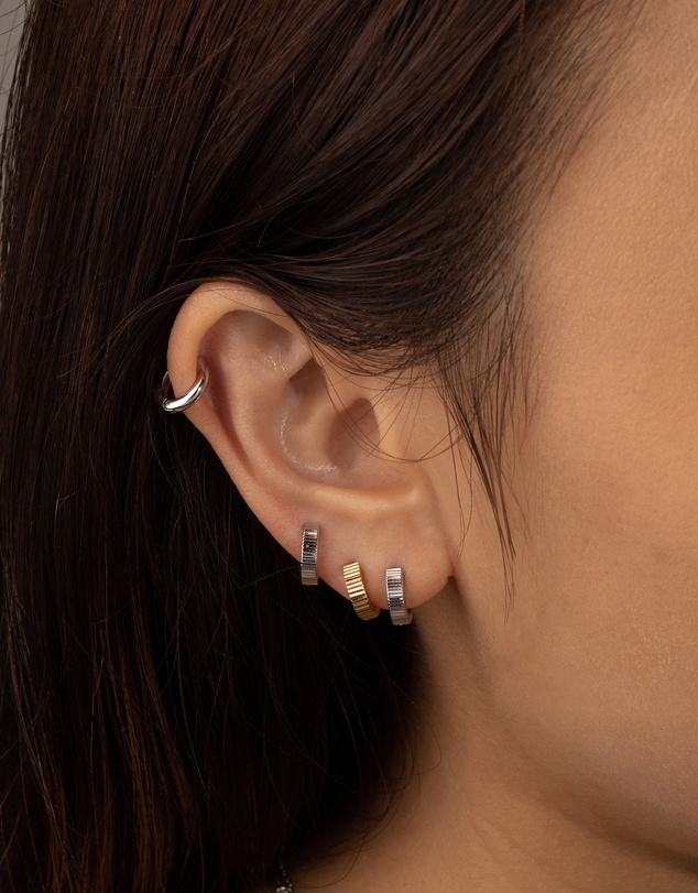 Wanderlust + Co - Ribbed Bar Silver 8mm Baby Huggie Earrings
