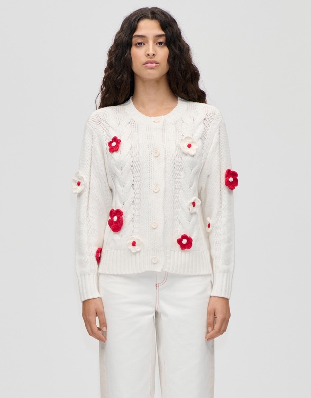 Stine Goya - Cotton Wool Yarn Crewneck Cable Cardigan