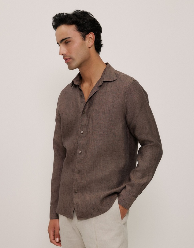 Trenery - Tailored Fit Delave Linen Shirt in Cocoa