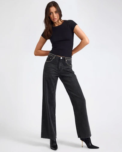 ONE TEASPOON - Jackson Mid Waist Wide Leg Studded Denim Jeans - Black