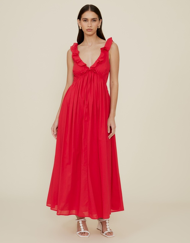 The Fated - Tie Front Ruffle Midi Dress
