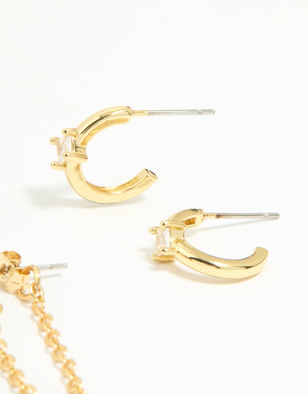 Lovisa - Gold Plated Cubic Zirconia Stud & Chain Earrings 4-Pack