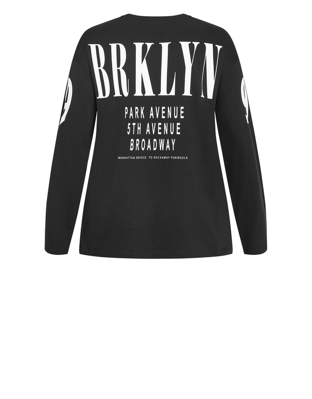 City Chic - Plus size Oversized Brklyn Long Sleeve Cotton Tee - black