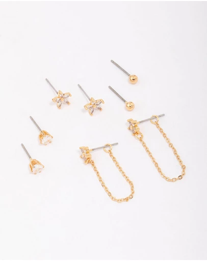 Lovisa - Gold Plated Brass Heart & Flower Chain Earring 4-Pack