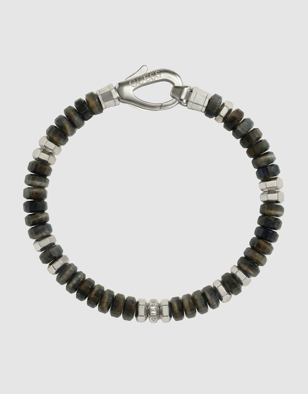 GUESS - GUESS Mens Grey Tiger Eye Stones 6mm Exagonal Beads Bracelet