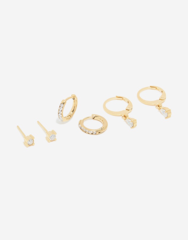 Lovisa - Waterproof Gold Plated Stainless Steel Cubic Zirconia Simple Stud & Huggie Earrings 3-Pack