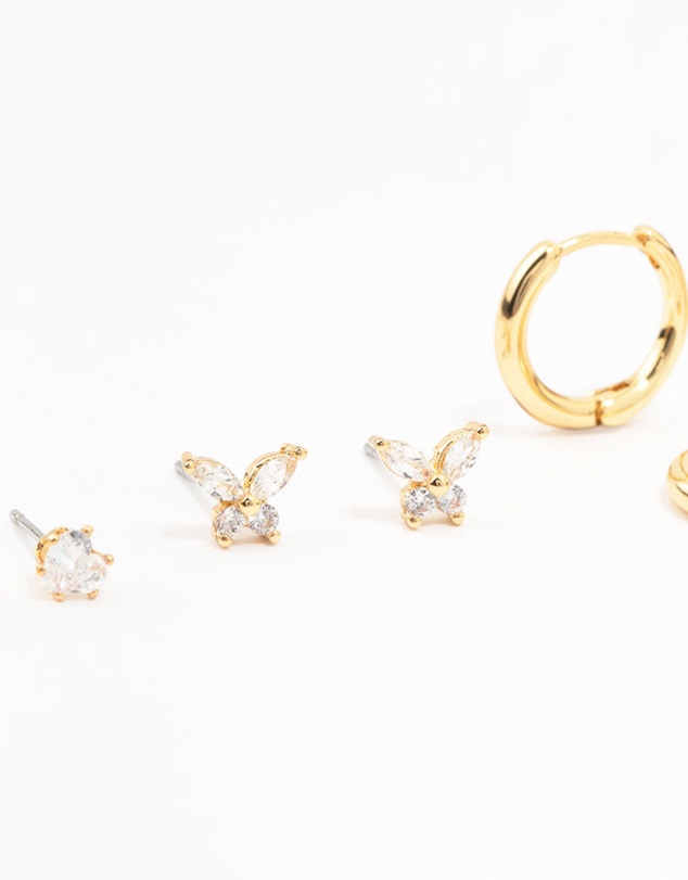 Lovisa - Gold Plated Brass Pave Star & Butterfly Earrings 4-Pack