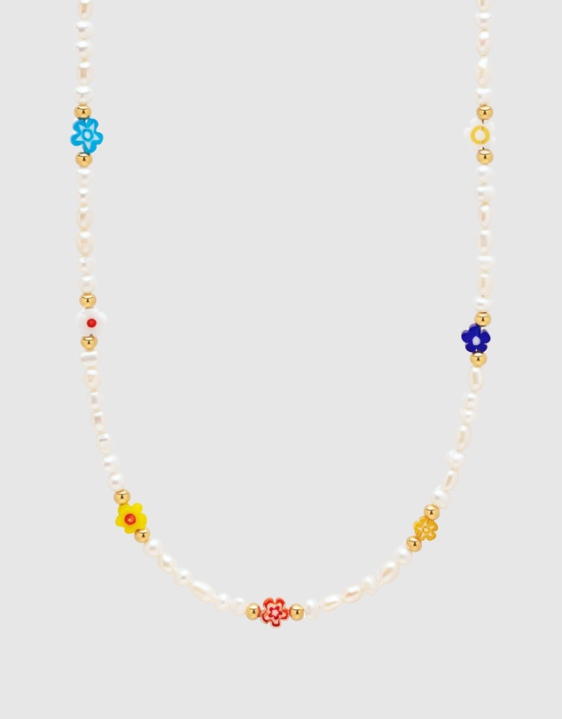Nialaya Jewellery - Pearl Choker with Flower Beads