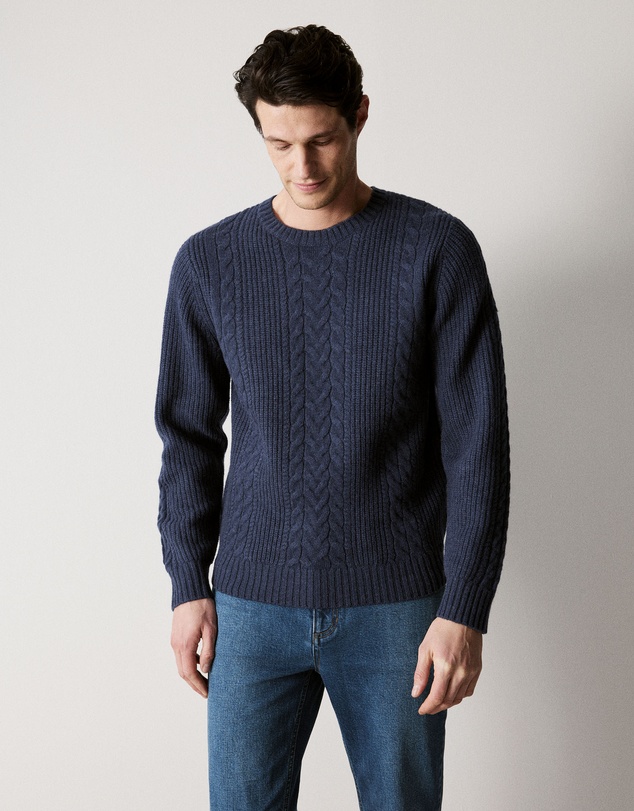 Trenery - Wool Cable Knit Crew in Denim